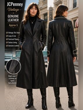 JC Penney Vintage Midi LeatherJacket womans small black grunge trench whimsigoth